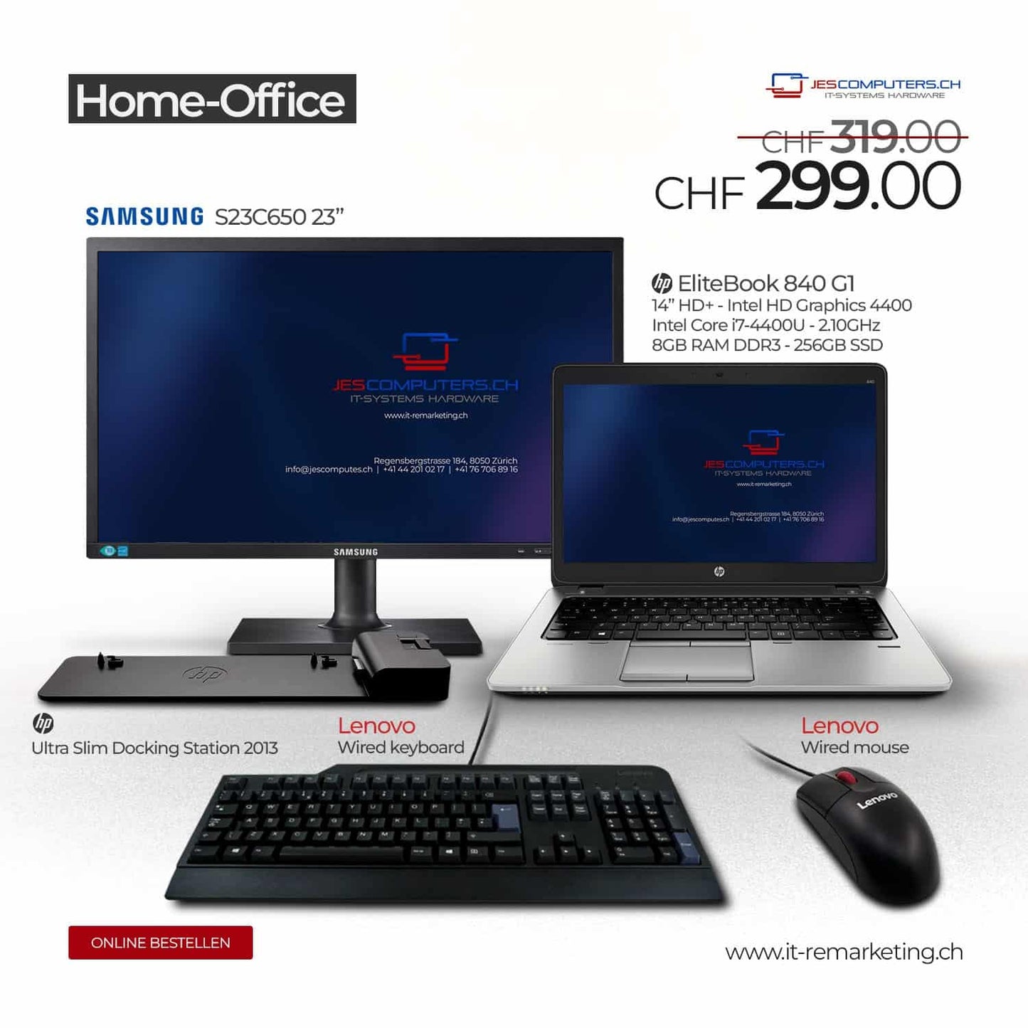 Home Office Set 3: HP 840 G1 i7-4600U 8GB RAM 256 SSD SAMSUNG 23" S23C650